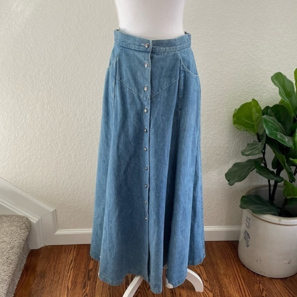 VTG Ranch and Town western prairie denim jean button down maxi skirt size 9